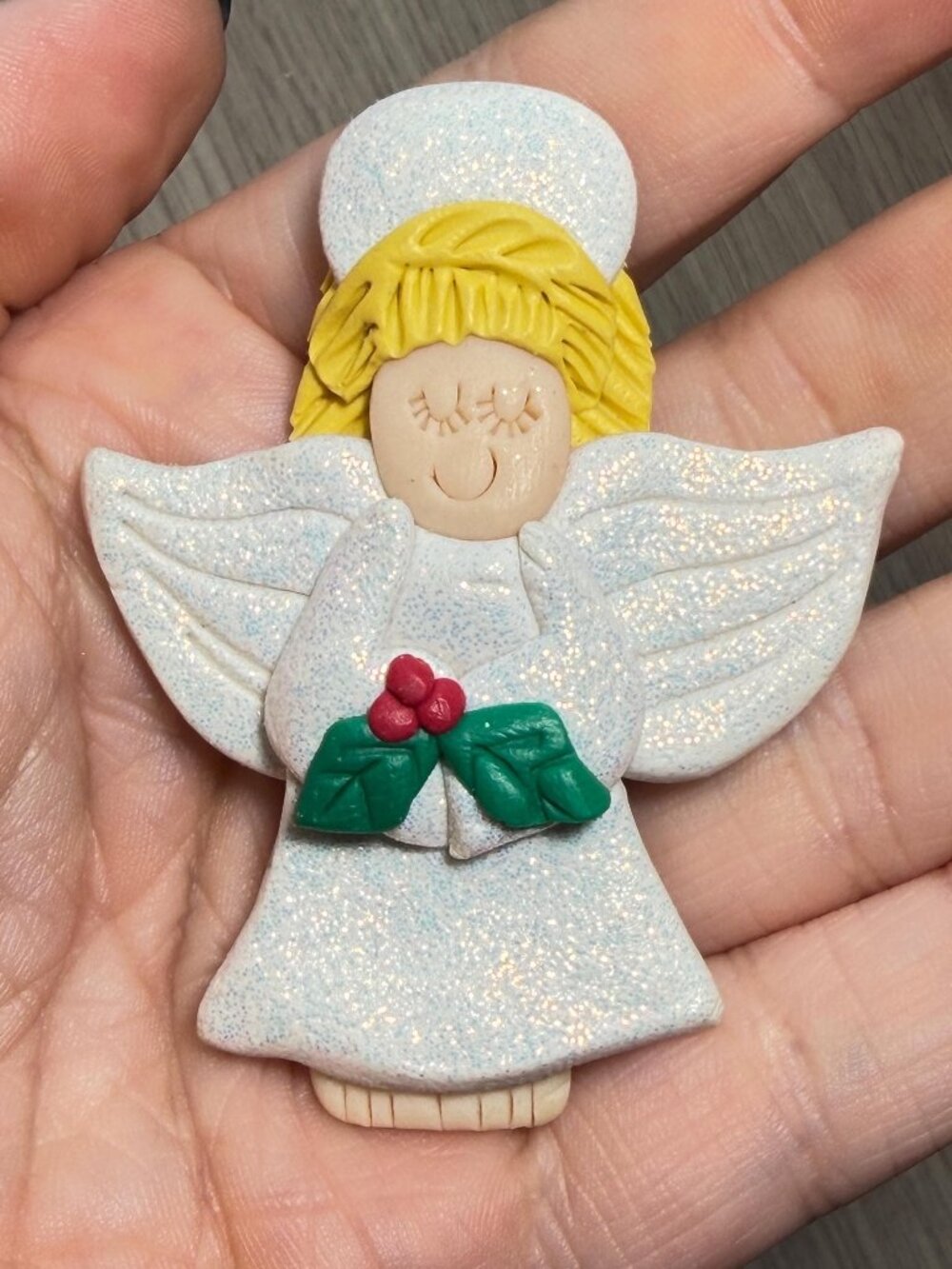 Handmade Clay Angel Christmas Brooch Glitter White Wings Holiday Pin 2.75”